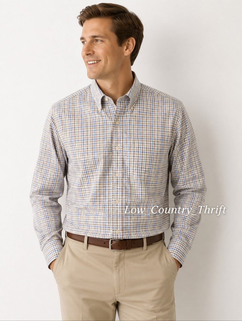 Peter Millar Plaid Cotton Button Down Dress Shirt Mens Large Blue Beige